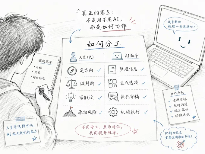 人机协作分工示意图。左侧手绘笔记本标有'我的思考：目标、约束、评估标准'；中间'如何分工'大表格分两栏——人类（我）负责定方向、做判断、写假设、承担风险，AI 助手负责整理信息、生成选项、批判审稿、机械执行；右侧笔记写着'人员负责选择方向，AI 放大我们的能力'与'协作原则：清晰目标、及时沟通、相互信任、持续迭代'。底部口号：不同分工，互为补位，共同提升胜率。
