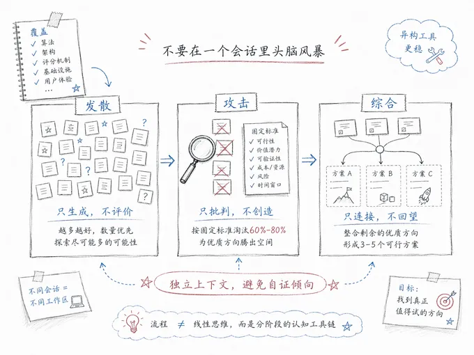 三段式 brainstorm 流程图：发散阶段（只生成不评价，堆叠多张候选方案卡片，目标 20+ 方向）→ 攻击阶段（只批判不创造，按 K1-K7 标准机械筛选，淘汰率 60-80%）→ 综合阶段（只连接不回望，整合幸存者 3-5 个可执行方向）。三阶段之间用独立的新会话隔开，右上标注'异构工具更佳'。底部强调：独立上下文，避免自证倾向。