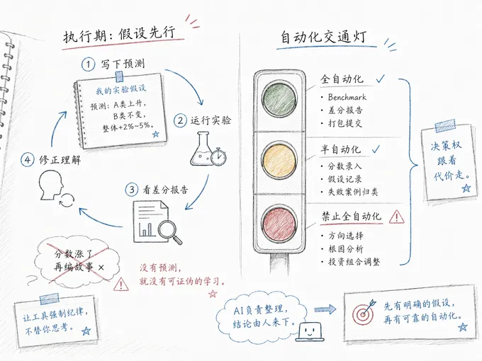 执行期的两大工具：左半是'假设先行'流程图——① 写下预测（示例：A 涨、B 平、整体 +2-5%）② 运行实验 ③ 看差分报告 → 修正理解。口号：没有预测，就没有可证伪的学习。右半是'自动化交通灯'——绿灯（全自动化）覆盖 Benchmark、差分报告、打包提交、数据聚合；黄灯（半自动化）覆盖分数录入、假设记录、失败案例归类（决策代价低）；红灯（禁止全自动化）覆盖方向选择、做决策、投资组合调整（决策代价高）。底部注释：AI 只负责呈现，结论由人来下。